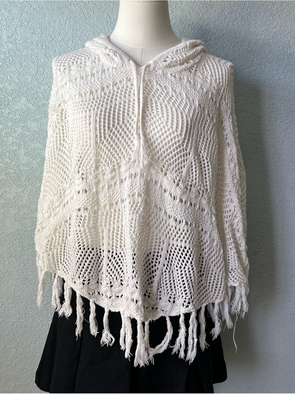 Boho Crochet Fringe Hooded Poncho Sweater Festival Cottagecore Size S